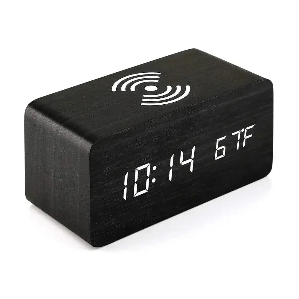 Wooden Digital LED Alarm Clock with Wireless Charging Time Date Temperature Display Desk Bedside Clock for Office