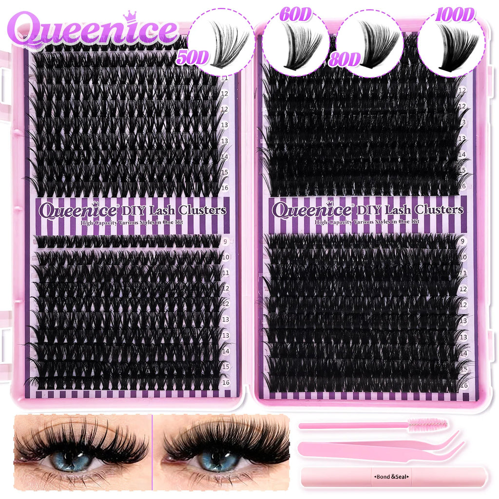 QUEENICE Lashes Cluster DIY Lash Extension Mixed Tray Clusters Eyelashes Fluffy Individual Lashes Cat Eye Lash Extension
