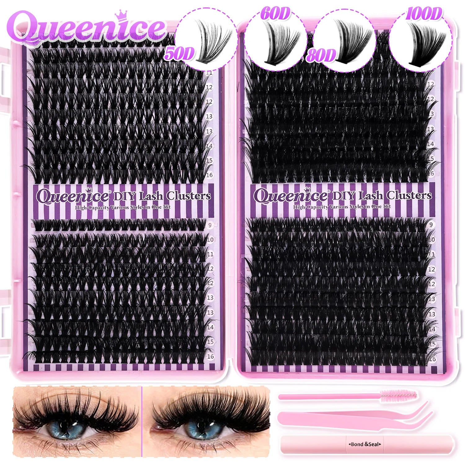 QUEENICE Lashes Cluster DIY Lash Extension Mixed Tray Clusters Eyelashes Fluffy Individual Lashes Cat Eye Lash Extension