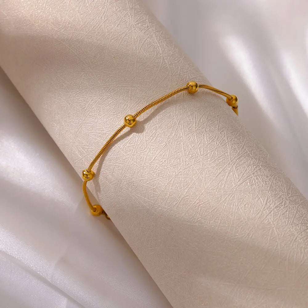 Stainless Steel Beaded Round Snake Chain Bracelets For Women Gold Color Geometric Bracelet Luxury Wedding Party Jewelry Gift