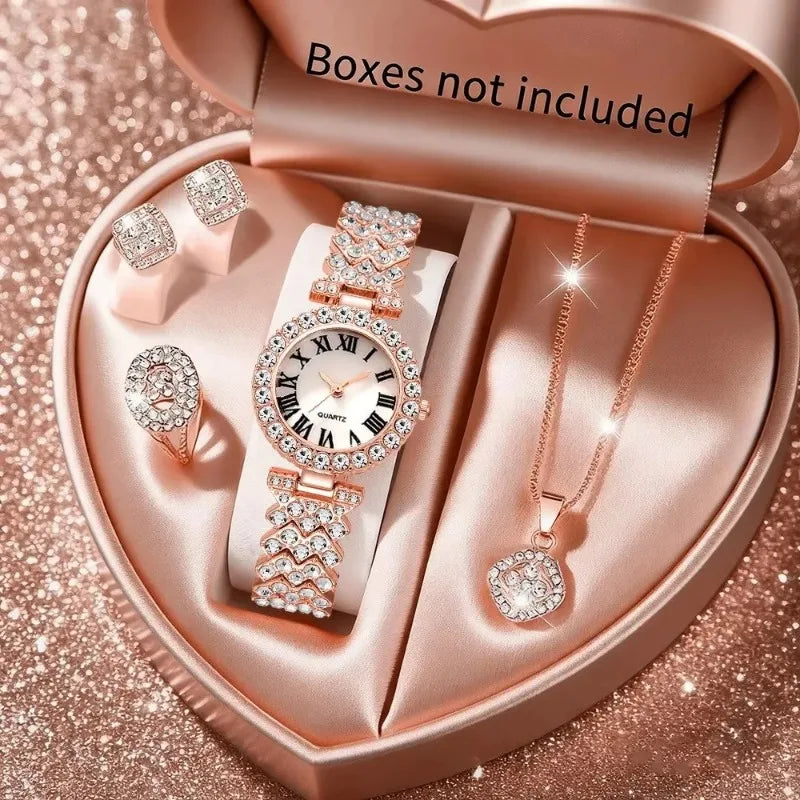 5PCS Elegant Rhinestone Women Quartz Watch Jewelry Set Fashion Ladies Bracelet Strap Wristwatches Reloj Mujer（Without Box）