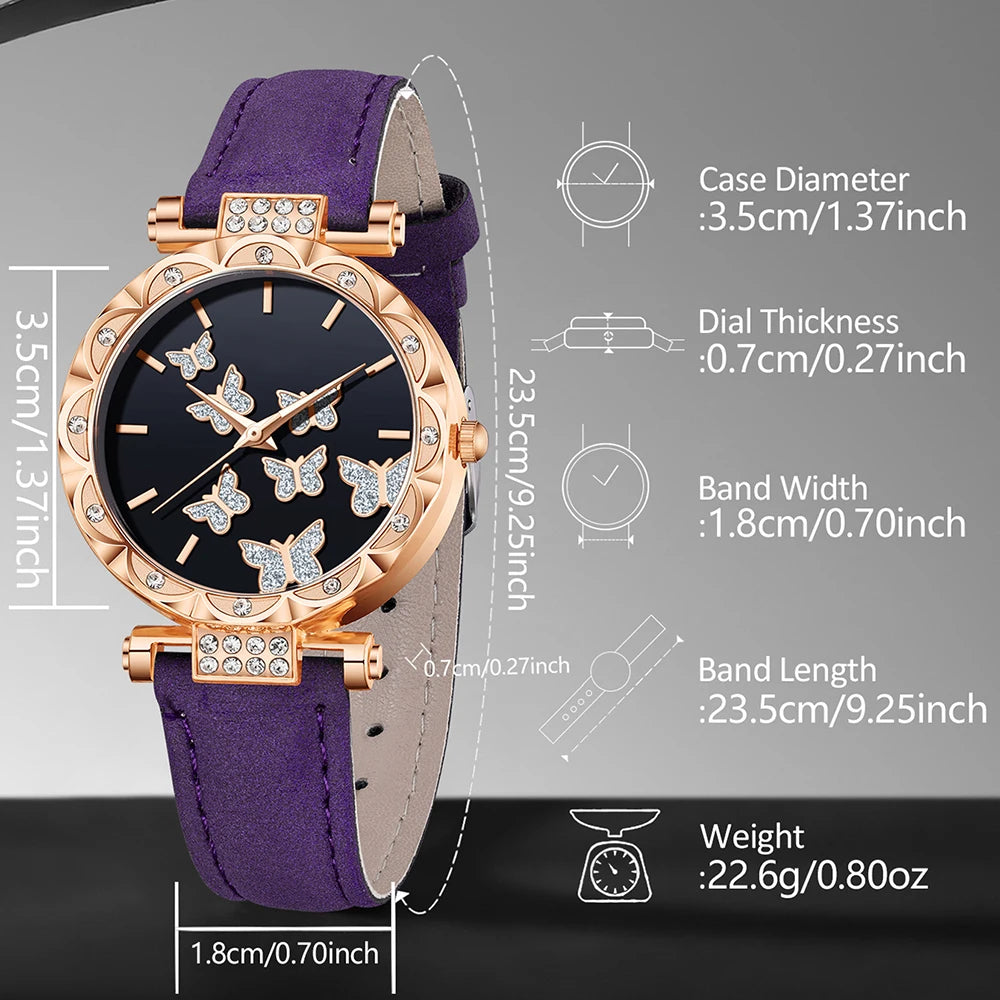 5PCS Purple Women's Watch Set Fashion Trend Butterfly Element Dial Quartz Watch Bracelet Necklace Earrings Set Holiday Gift
