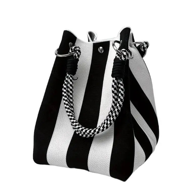 Korean Style Mini Knit Tote Bag Women Striped Crochet Bucket Handbag Lightweight Summer Daily Shoulder Purse For Vacation