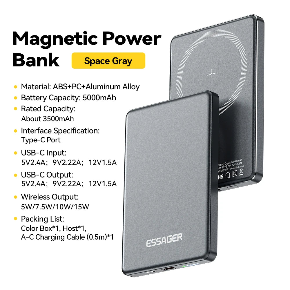 Essager Thin Wireless Power Bank 5000mAh 20W Fast Charging Portable External Battery Magnetic Magsafe Compatible for iPhone 1716