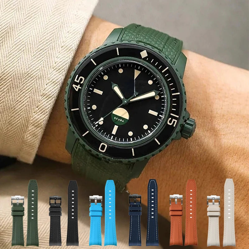Rubber Silicone Watch Band for Swatch X Blancpain GREEN ABYSS Curved End Waterproof Sport Woven Pattern Strap Bracelet 22mm