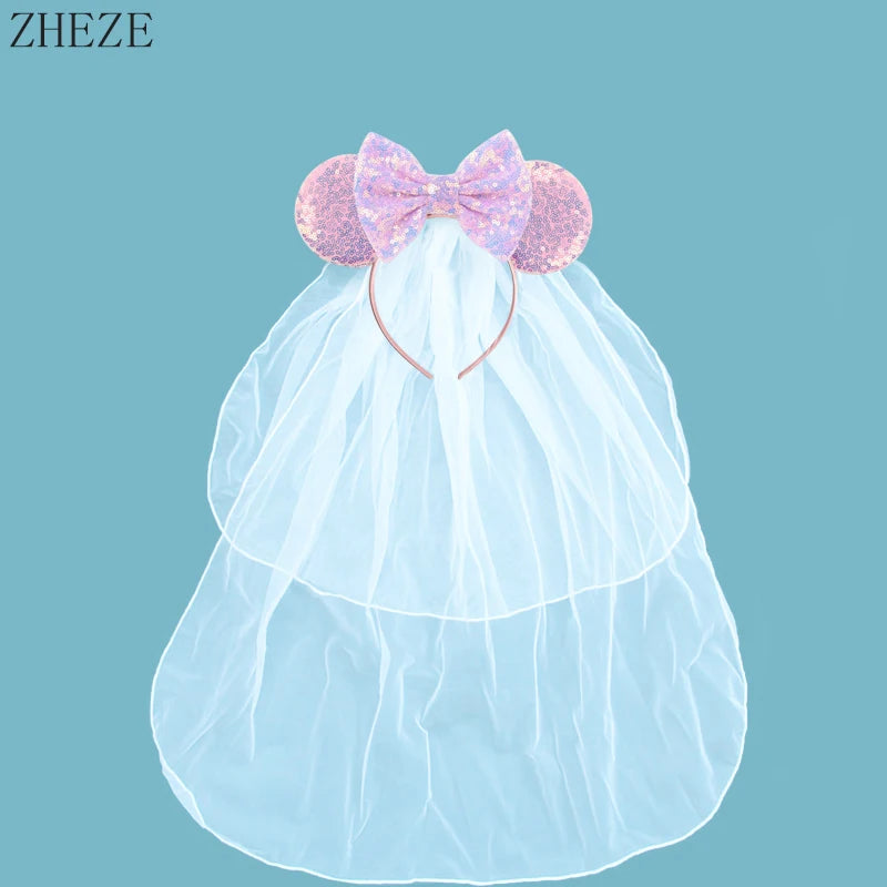 White Day Mouse Ears Headband With Veil Sequins 5"Bow Headwear For Women Festival Hairband Single Party DIY Hair Accessories