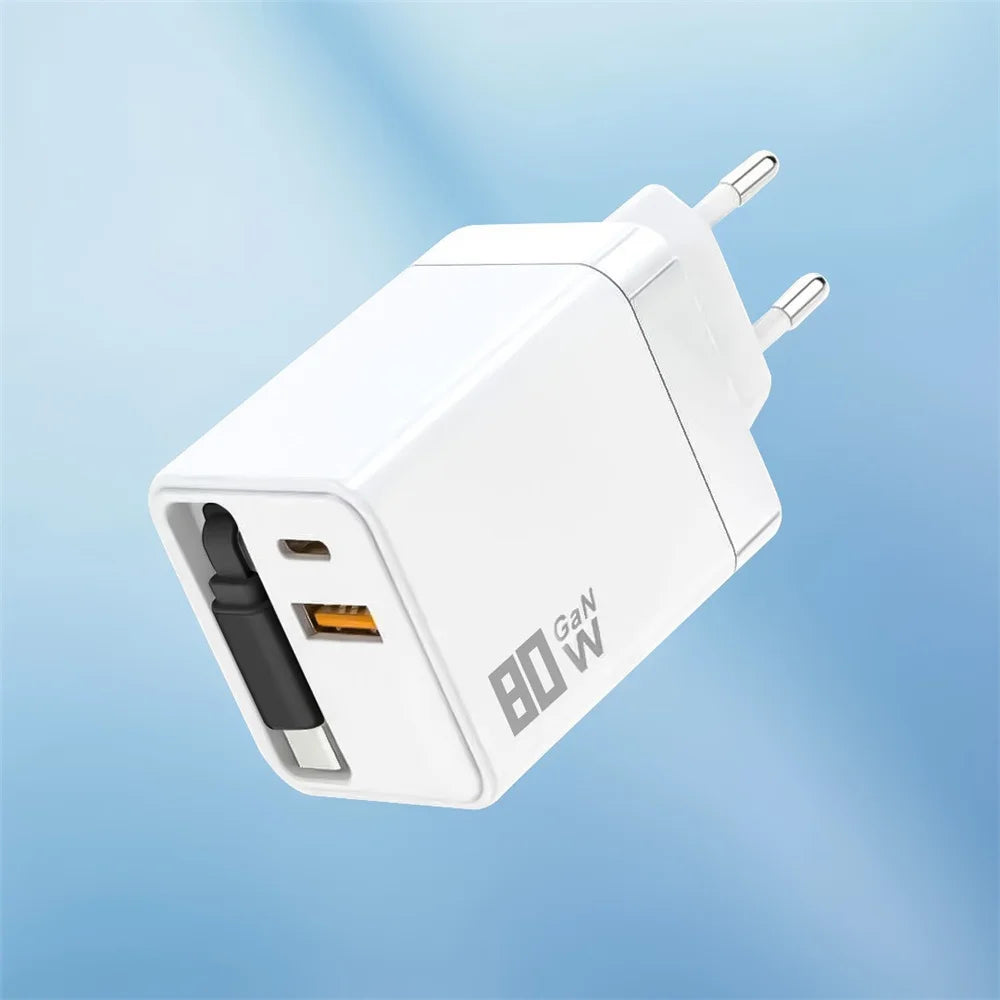 80W GaN USB Type C Charger Fast Charging With Built-in PD Cable USB C Quick Charger EU/US/UK Plug For iPhone 17 16 Xiaomi Huawei