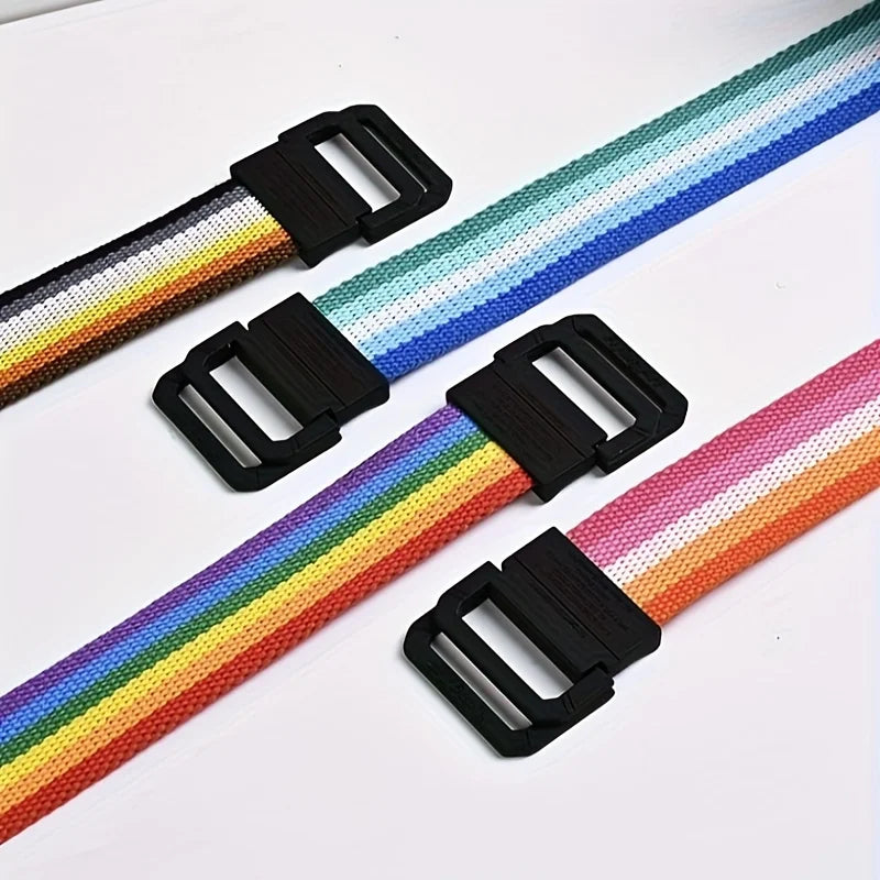 Seven Color Double Ring Buckle Rainbow Canvas Belt For Women Men, Casual Pants Belt