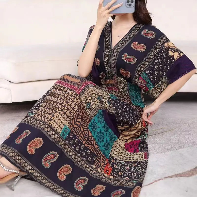 2025 Summer New Casual Elegant Retro Bohemian Style V-neck Elastic Waist Large Swing Printed Long Skirt Autumn Summer Dress