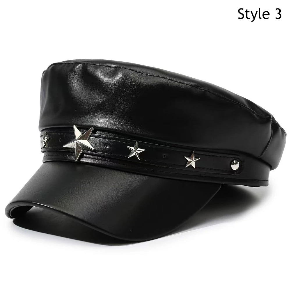 New PU Leather Beret Hat Autumn And Winter Versatile Beret Retro Flat Top Visor Adjustable Black Painter Hat Octagonal Cap