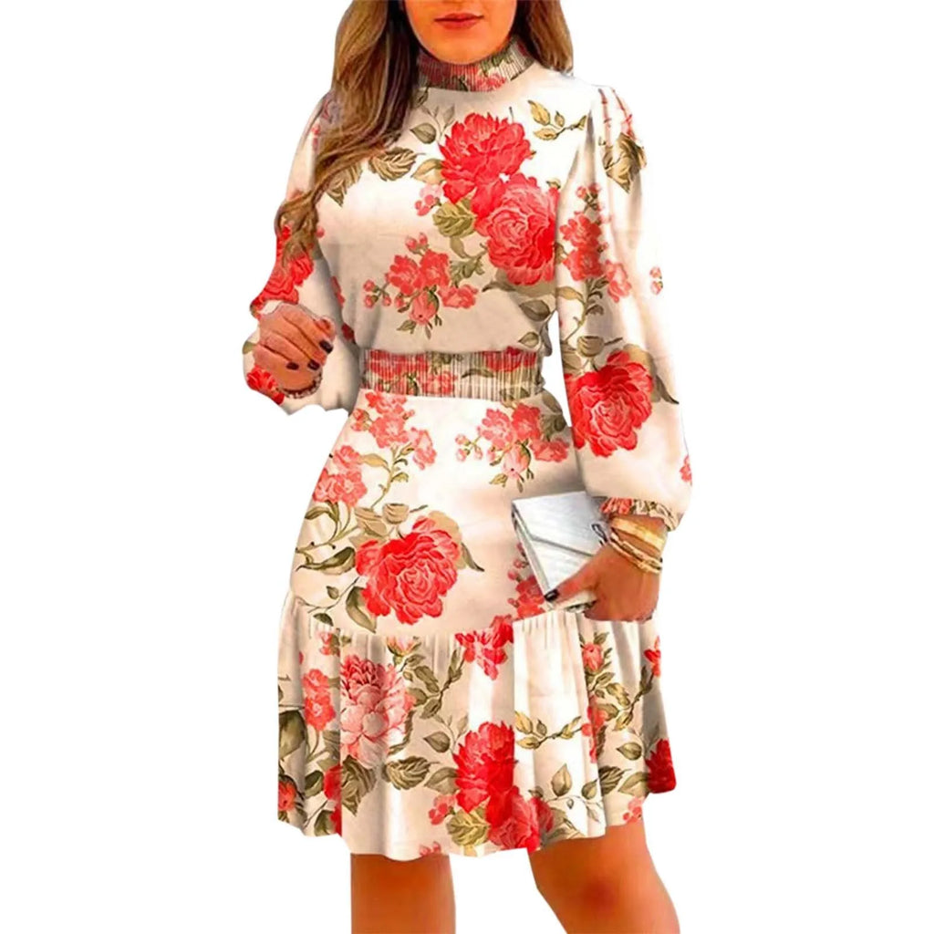 Women's Casual Dresses Sweet Floral Print Ruffle Turtleneck Midi Dress A Line Fresh Style High Waist Dresses Vintage Dress