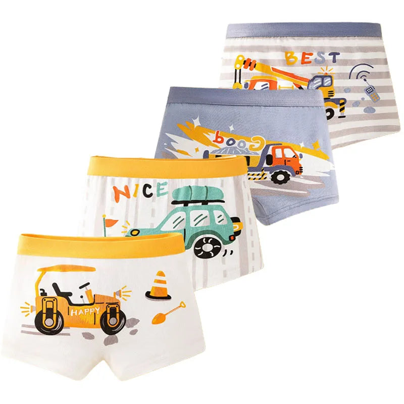 4-Piece Breathable Boy Boxer Brief High Quality Cotton Children Boxers Truck Car Dinosaur Colorful Patterns Kids Trunk Underwear