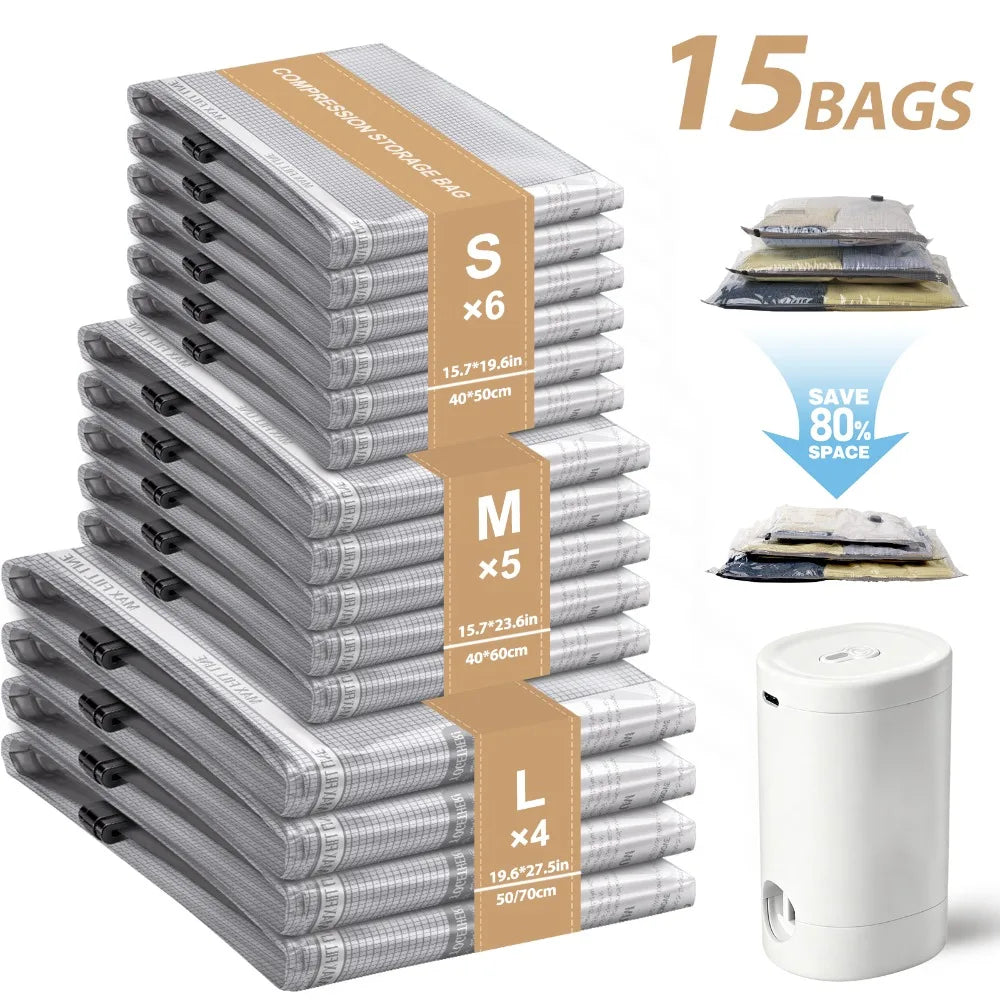 15 Pack Vacuum Bags for Travel with Rechargeable Air Pump, Vacuum Storage Bags Space Saver, Carry-on Size Vacuum Compression Bags for Clothes, Bedding