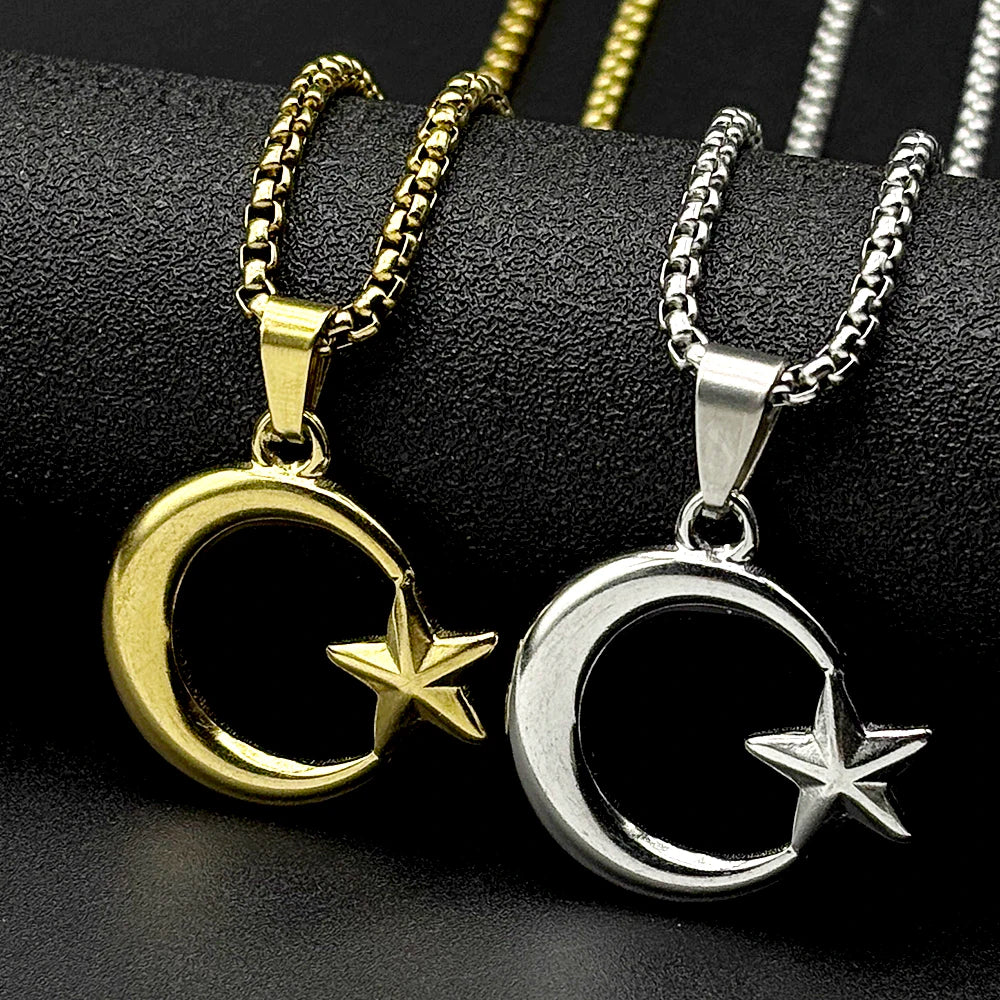 Muslim Islam Crescent Moon Star Stainless Steel Chain Necklaces for Women Men Gold Plated Pendant Necklace Amulet Jewelry Gift