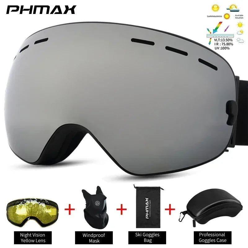 PHMAX Ski/Snowboard Goggles for Men Women, OTG Snow Goggles Anti Fog UV Protection Red Double Layers Lens Wide Vision Winter