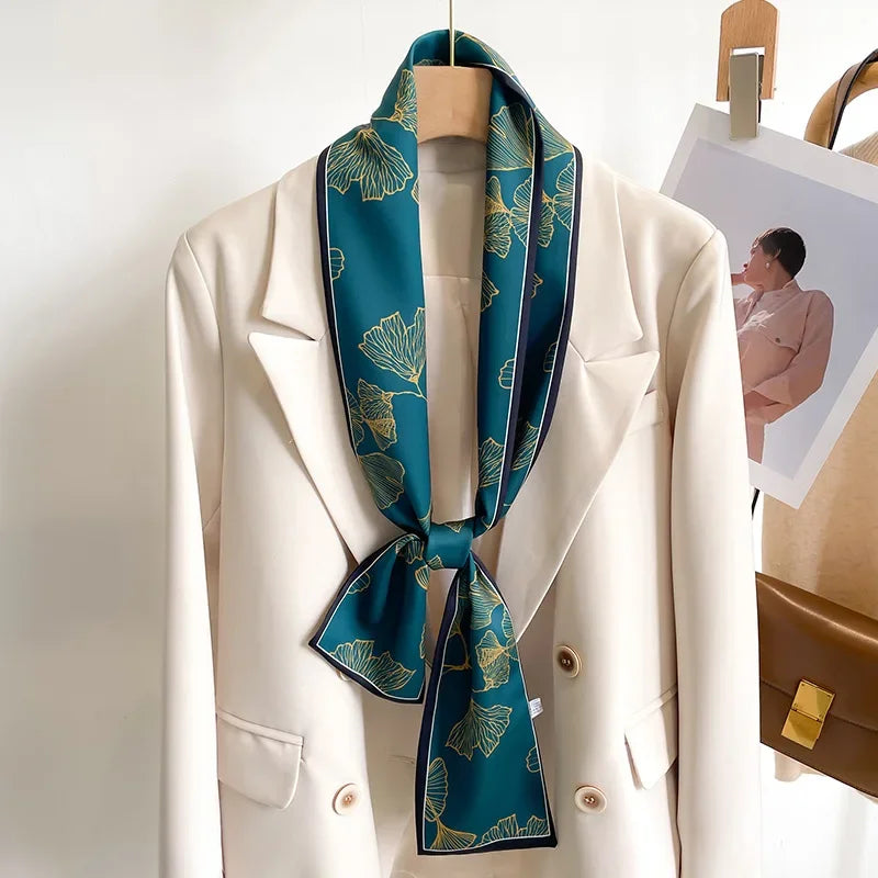 Floral Print 12*145cm Long Ribbon Silk Scarf Women Neck Scarves Headband Female Skinny Neckerchief Hair Band Neck Tie Bag Ribbon