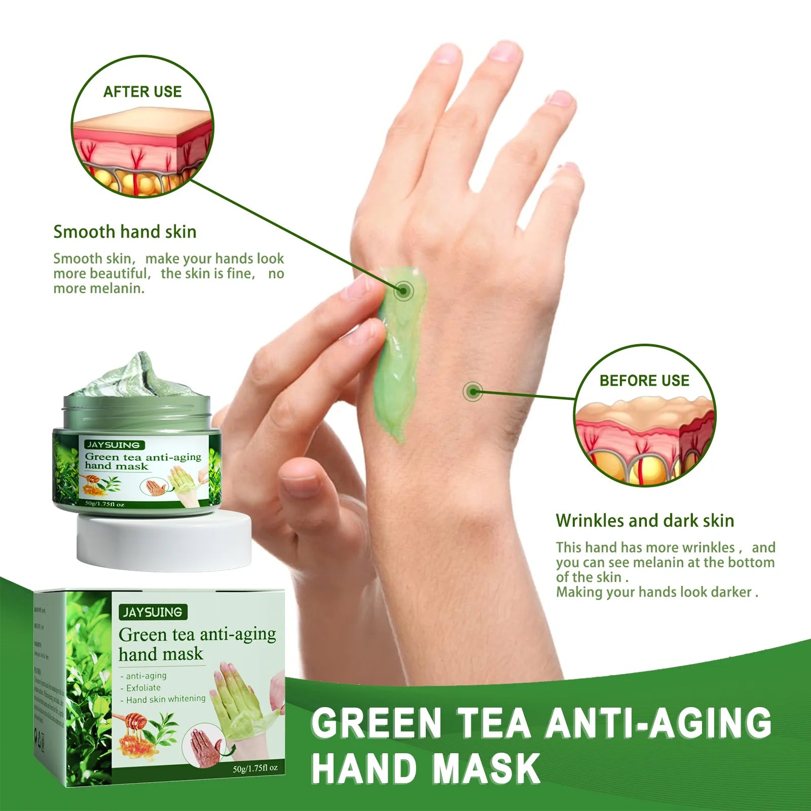 Jaysuing Green Tea Hand Mask Anti-Wri-nkle Moisturizing Wh-itening Repair Exfoliating Callus Film Nourish Hand Skin Care Cream