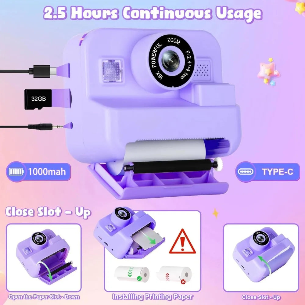 Educational Thermal Instant Print Camera With 32G Card, 1080P Children Mini Digital  Video Camera for Kids Learning  Development