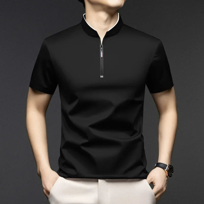 2025 New Men's Casual Fashion Zipper Solid Color Short Sleeved Polo Shirt Stand Up Collar Versatile Comfortable Top