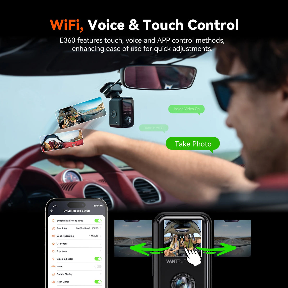 Vantrue E360 DashCam 5.2K 360° Panoramic 5GHz WiFi&GPS Dual STARVIS 2 HDR Voice Control Touch Control Car accessoriesr