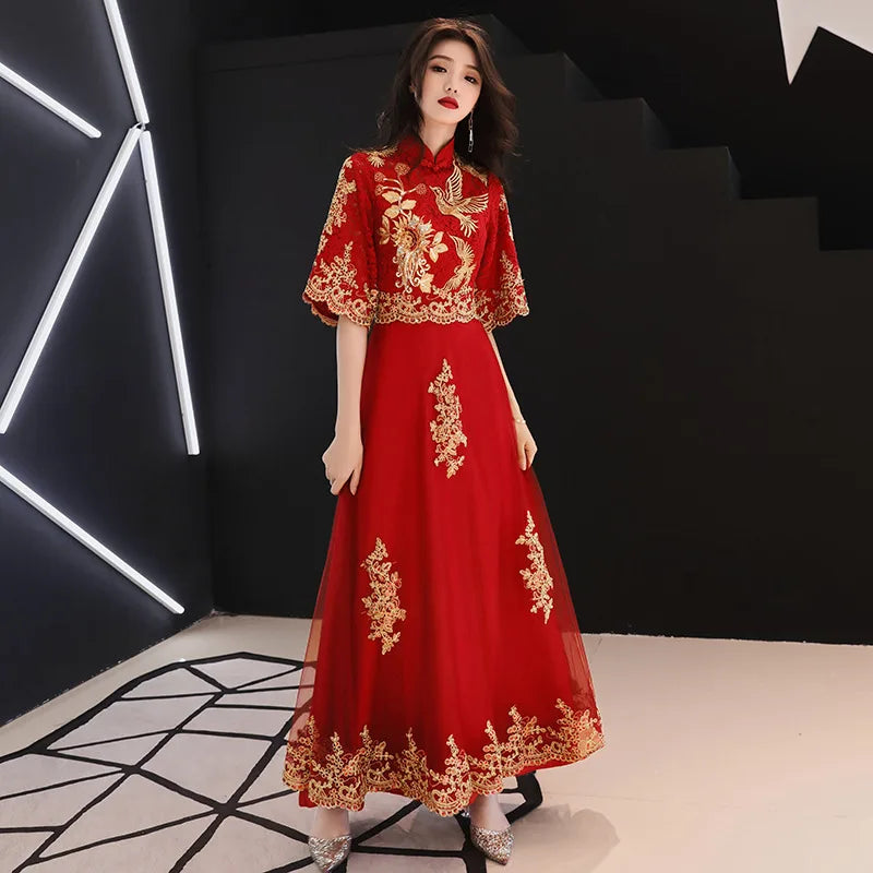 Chinese Style Bride Wedding Dress Elegant Embroidery Tulle Women Dress Evening Party Dress Classic Mandarin Collar Vestidos 3XL