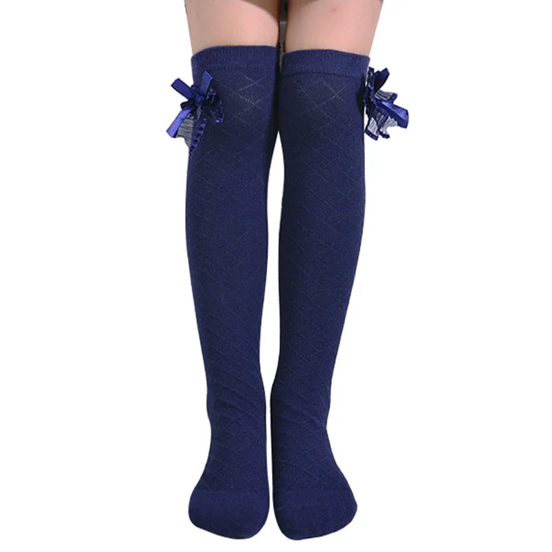 Knee High Girls Socks for Kids Children Golf Cotton Bow Long Tube Stitch Sock Baby Toddler Little Princess Popular Tall Calf