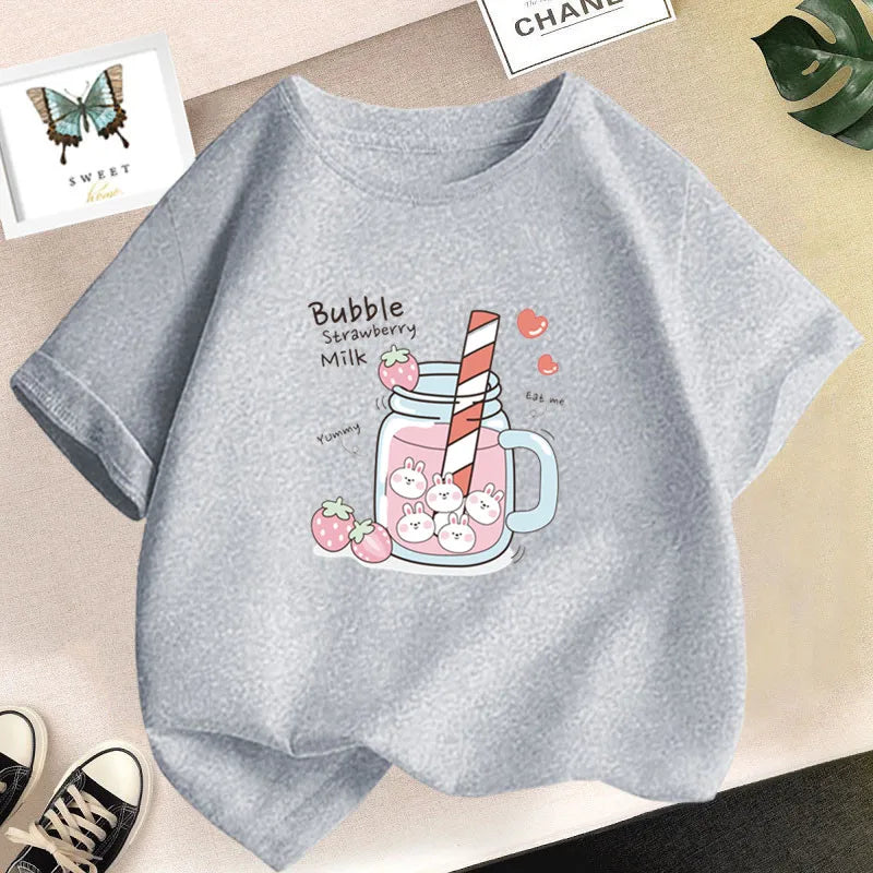 Strawberry Juice Graphic Print T-shirt Girls Aesthetic Pink Tops Tee 2023 Summer New Fashion Kids T Shirt