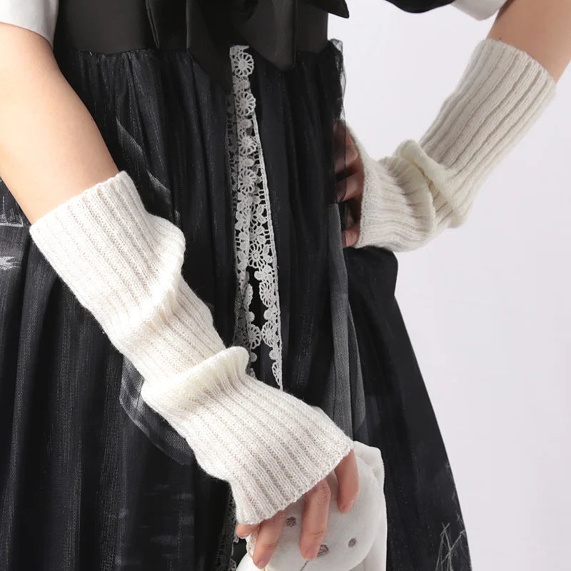 Female Y2K Fashion Arm Warmers Soft Knitted Gloves Women Girl Half Finger Mittens Solid Color Winter Arm Sleeves