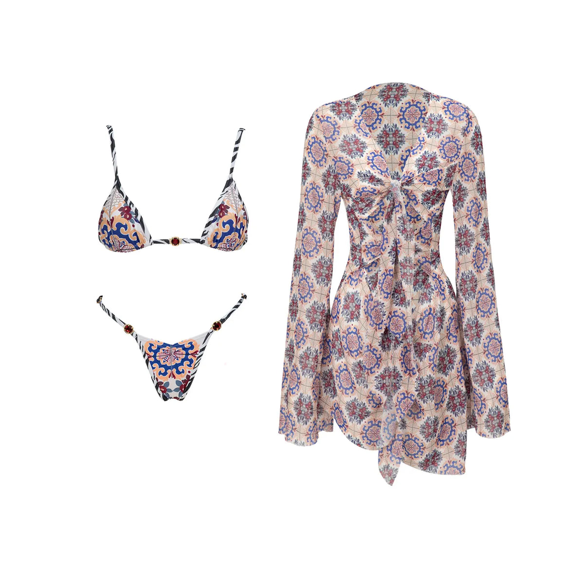 Push Up 2026 New Retro Prints 3 Pieces Bikinis Sets With Mesh Pants Beachwear Sexy Women's Swimsuit Cover-ups Strappy Beach Wear