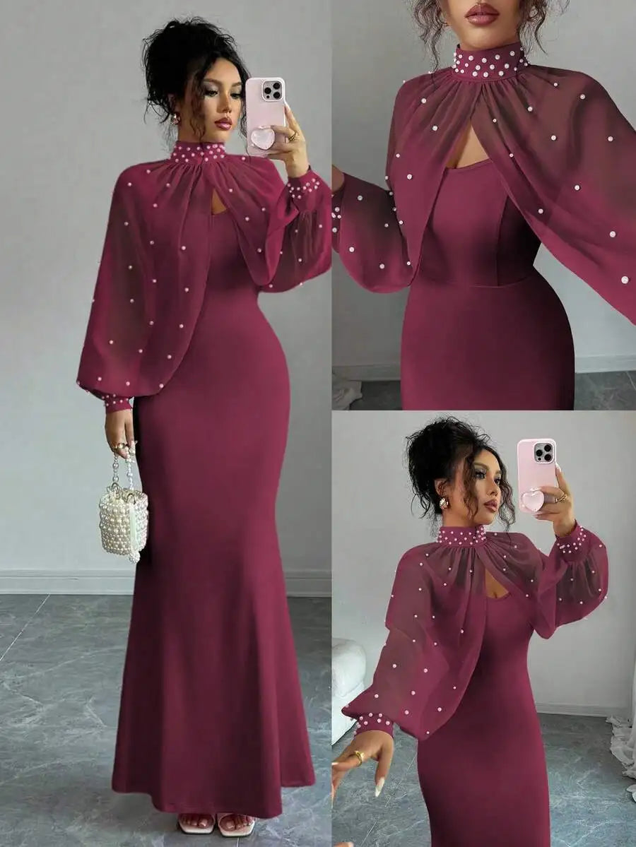 Elegant Pink Mermaid Gown with Beaded Sheer Capelet, Bodycon Slip Dress Set
