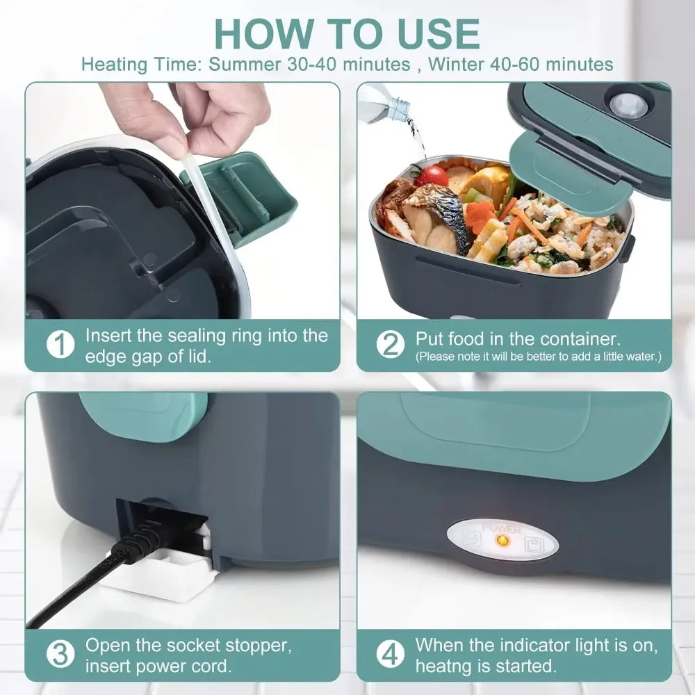 1.5L 60W Portable Electric Lunch Box,Leak Proof Design Car & Home Food Heater – Insulated Heated Lunch Container for Work Travel