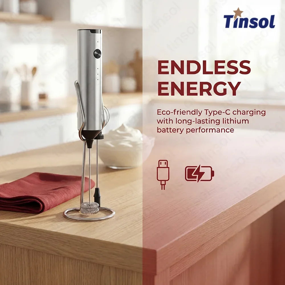 TINSOL Stainless steel electric milk frother, wireless milk frother, equipped with two types of whisks, Type-C rechargeable