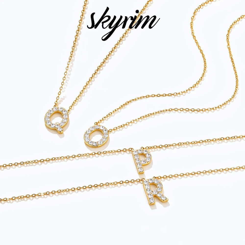 A-Z Initial Letter Necklace for Women Stainless Steel Gold Color Cubic Zirconia Alphabet Pendant Clavicle Chain Jewelry Gift