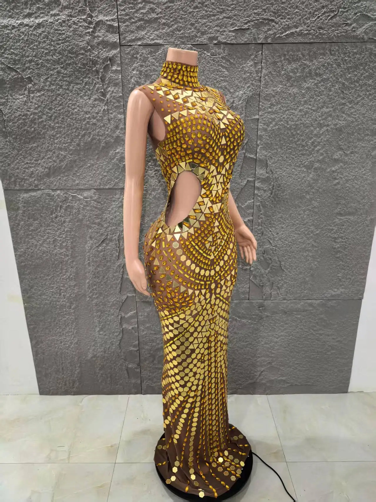 Shinning Golden Mirrors Women Sleeveless Sexy Hollow Out Waist Bodycon Long Dress Celebrate Birthday Performance Costume