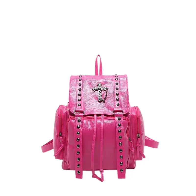 Rivet Y2K Backpack Women Gothic Punk PU Leather Shoulder Bag Ladies Vintage Harajuku Backpacks College Large Capacity School Bag