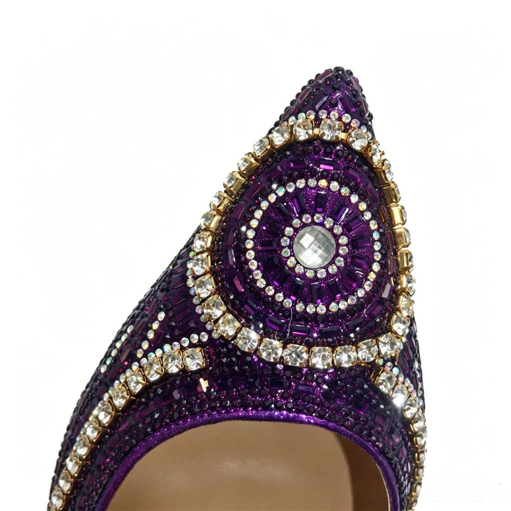 Elegant Purple Pointed Pumps Decoration Wavy Rhinestone Evening Bag For Wedding Women Heels Shoes Matching Bag Heels