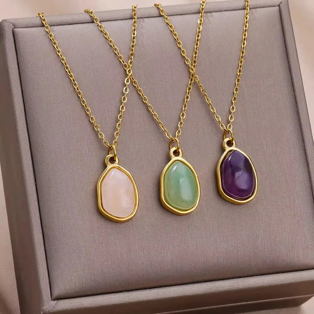 Trendy Oval Colorful Stone Necklace For Women Stainless Steel Gold Color Green Opal Stone Pendant Necklace Aesthetic Jewelry Gif