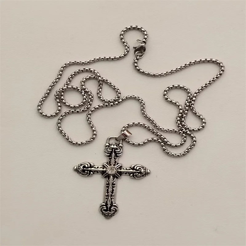 Vintage Cross Pendant Necklace Unisex Versatile Simple Long Sweater Chain Hip Hop Accessory