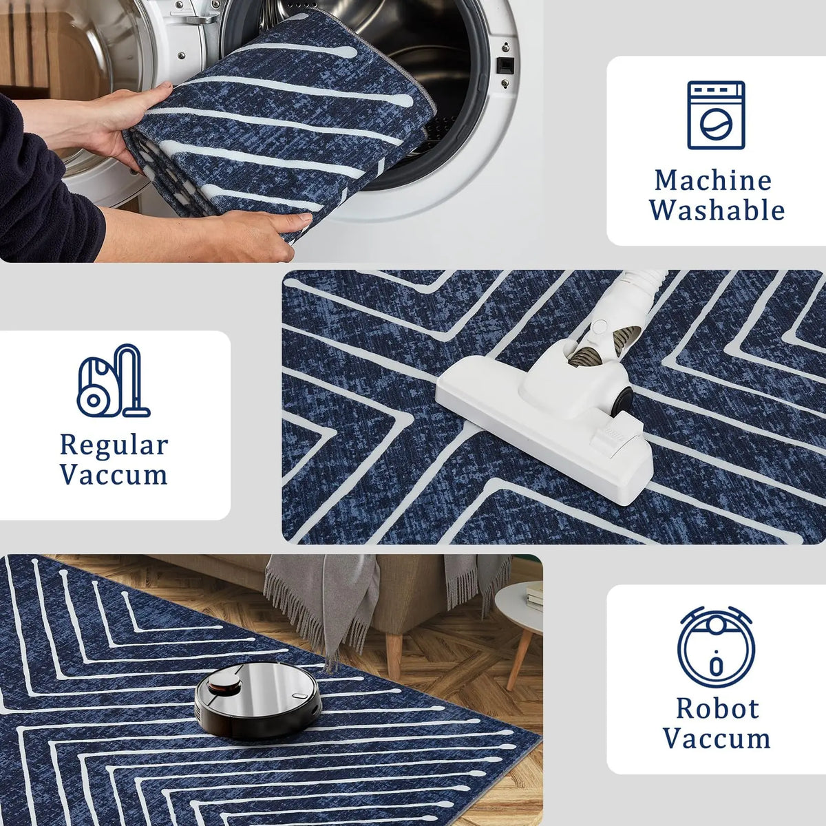 Washable Area Rug – Modern Geometric & Striped Low Pile Soft Carpet, Non-Slip & Mark Resistant for Living Room, Bedroom, Hallway, Dining, Playroom – 2x6FT