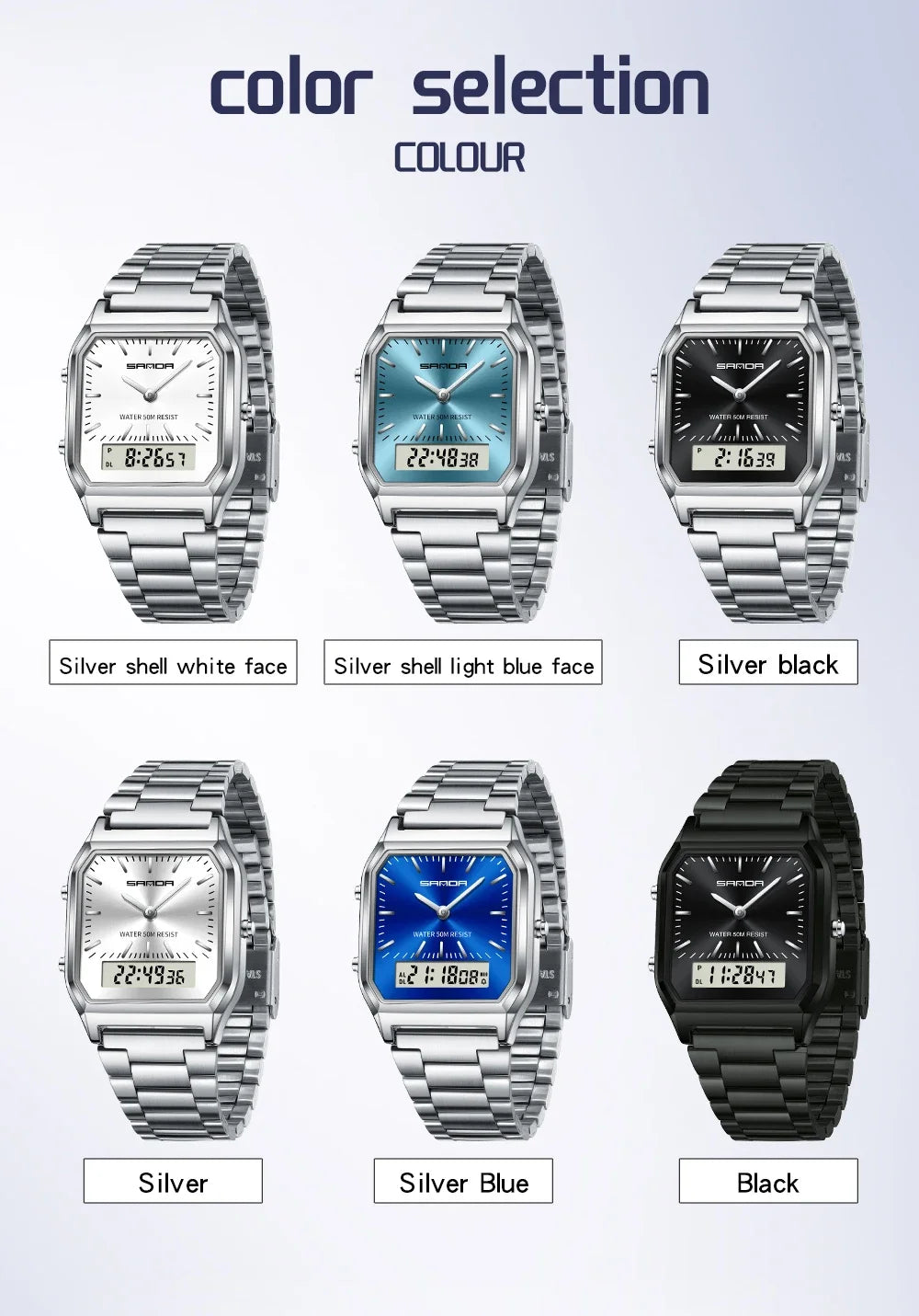 SANDA 747 Men's Quartz Digital Watch Waterproof Casual Fashion Watch Wear-resistant Stainless Steel Couple Strap Square Watch