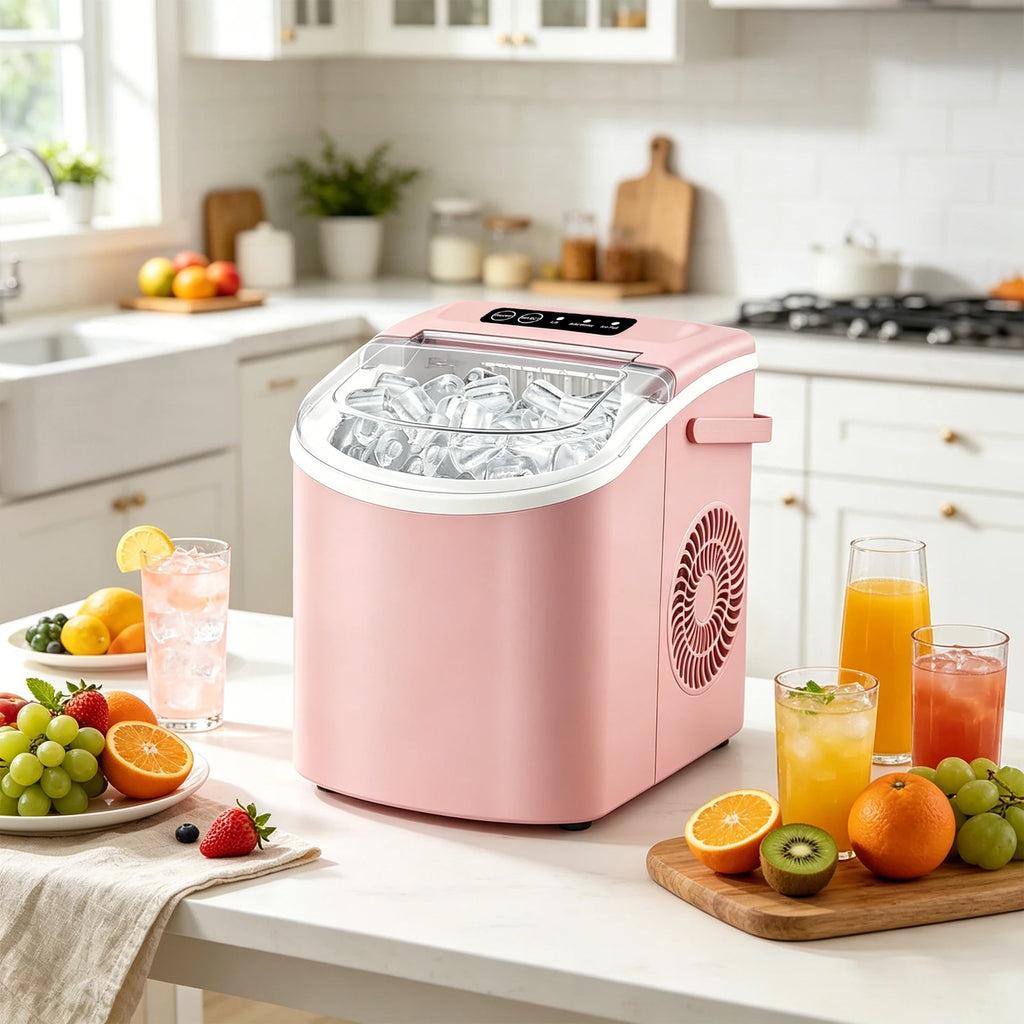 Portable countertop ice maker with a handle, produces 29 pounds of ice in 24 hours and 9 ice cubes in 6 minutes; comes with a ba