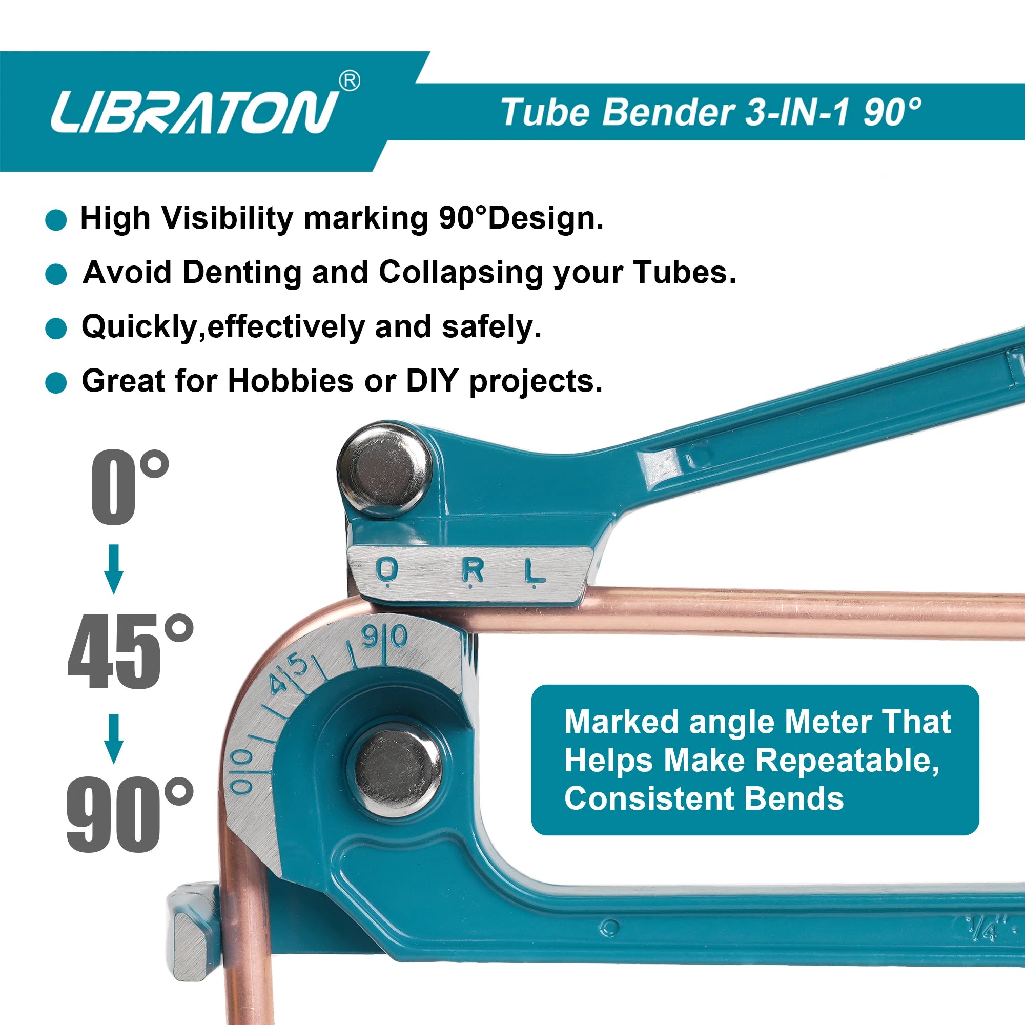 LIBRATON Tube Bender, Pipe Bender, 3-IN-1, 1/4"(6mm), 5/16"(8mm), 3/8"(10mm), for Copper, Brass, Aluminum and Thin Steel Pipes