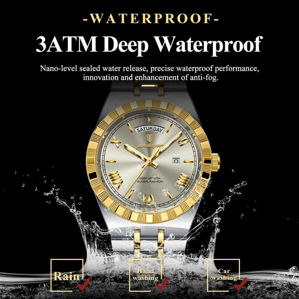 POEDAGAR Fashion Business Men's Watch Luminous Waterproof Week Date Luxury Man Wristwatch Stainless Steel Quartz Watches For Men