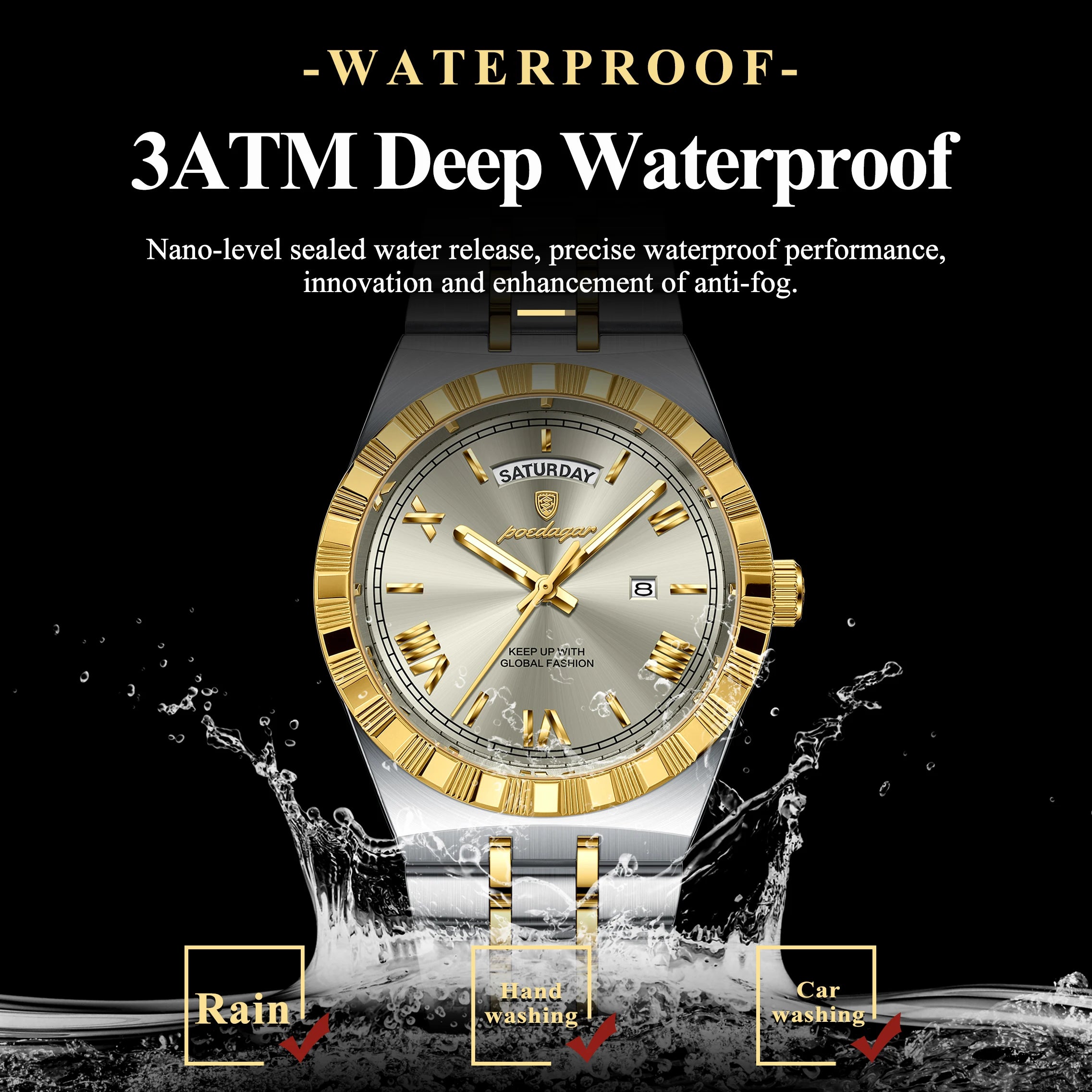 POEDAGAR Fashion Business Men's Watch Luminous Waterproof Week Date Luxury Man Wristwatch Stainless Steel Quartz Watches For Men