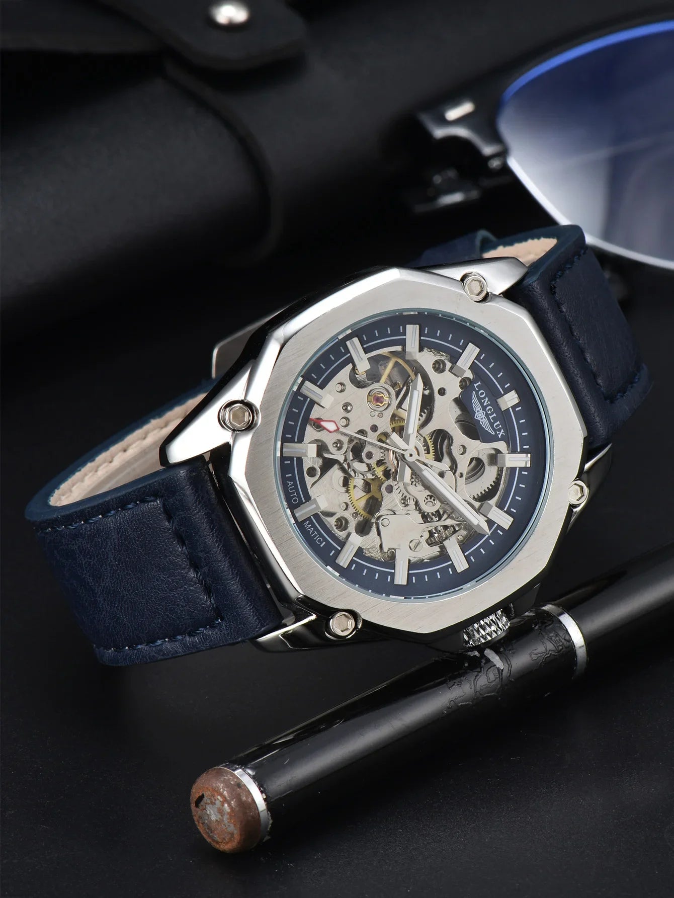 LONGLUX Automatic Watch Sport Style Wholesale Mechanical Wristwatches Fashion Hollow Leather Mens Watch Men Gift
