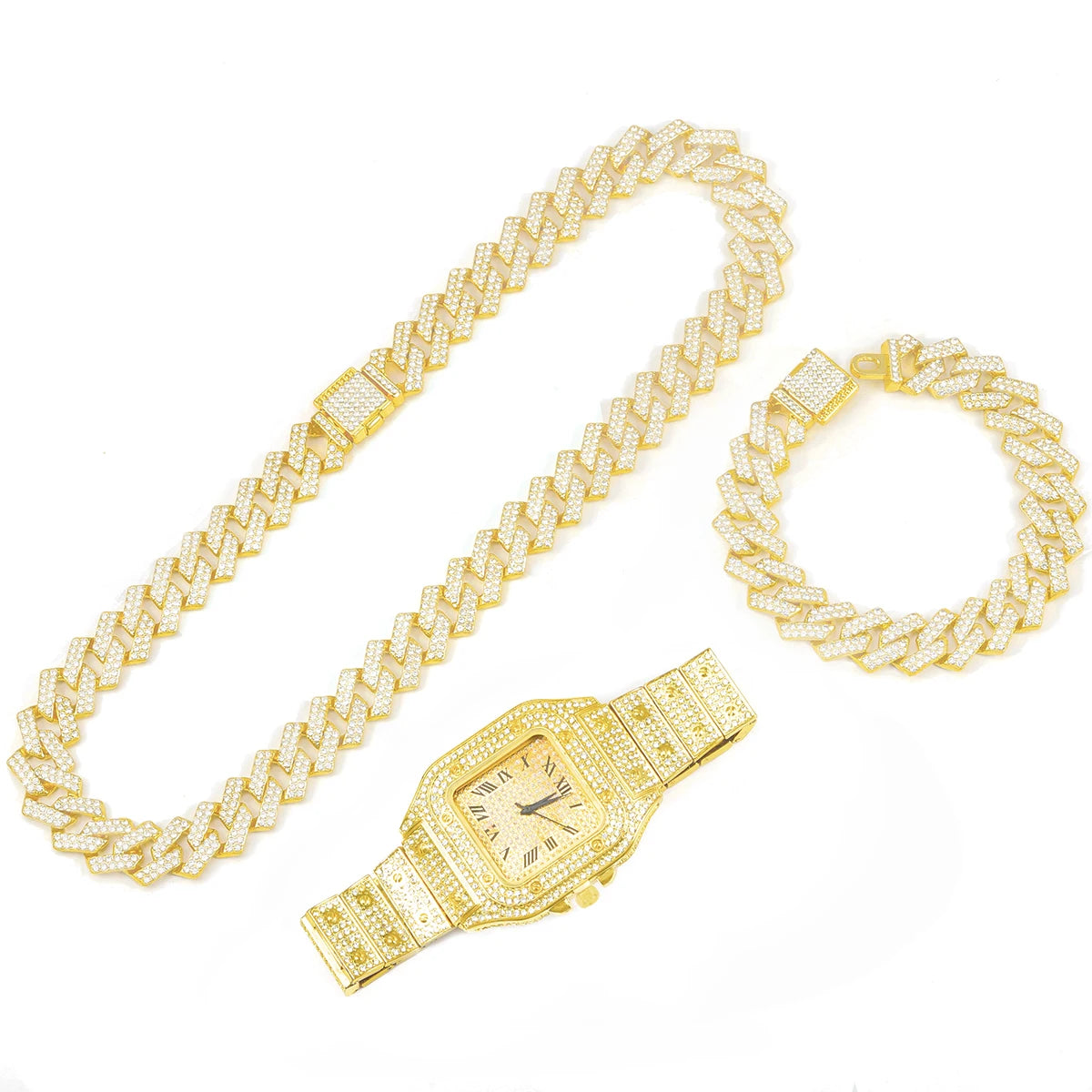 3pcs Men's Watch Set Hip-hop Punk Inlay Diamond Square Watch+Cuban Chain+Bracelet Comes With Strap Adjuster Stylish Jewelry Gift