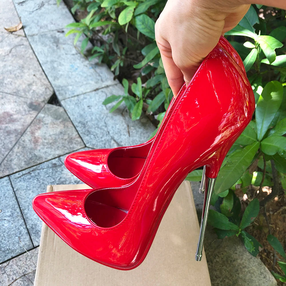 Tikicup 16cm Extreme Metal High Heels Women Black Sexy Red inside Pointy Toe Stilettos Fetish Model Party Unisex Shoes Size 46