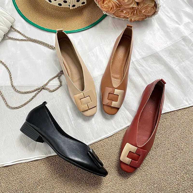 Woman Square Toe Low Heeled Metal Decoration Red Mary Janes Cute Casual Ballerina Female Flats Elegant Soft Soled Flat Shoes
