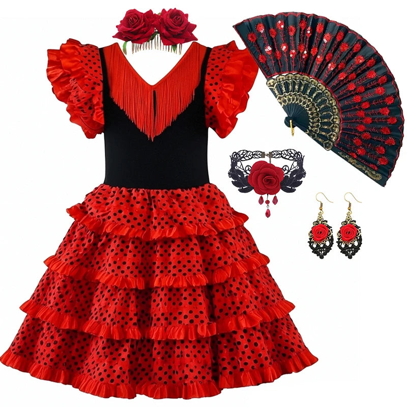 Girls Spanish Flamenco Dress Red Polka Dot Cake Puff Kids Carnival Halloween Party Stage Show Cosplay Festival Dance Costume