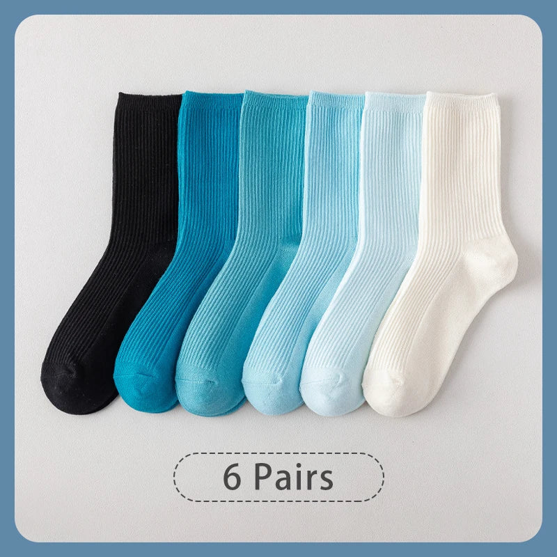 6 Pairs of Women Is Spring Or Summer Solid Colors Simple and Comfortable Mid Tube Socks Khaki Gradient Color